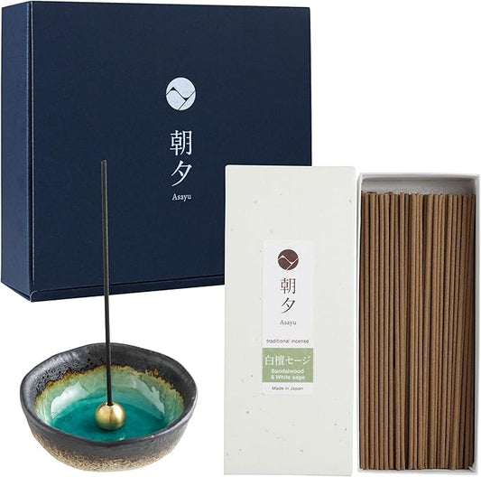 Asayu Japan Traditional Smoke Incense Gift Set with Incense Holder and Brass Stand, Sandalwood & White Sage Blend Incense Sticks with Mini Aquamarine Ceramic Holder - Bloomnest
