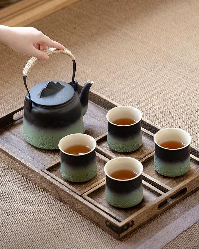 ZENS Vintage Japanese Tea Set with 4 Tea Cups, 33.8 oz Embossed Ceramic Loose Leaf Teapot with Built-in Strainers for Tea Steeper, Hemp Rope Handle Gradient Japanese Tea Pot for Tea Lovers Gifts - Bloomnest