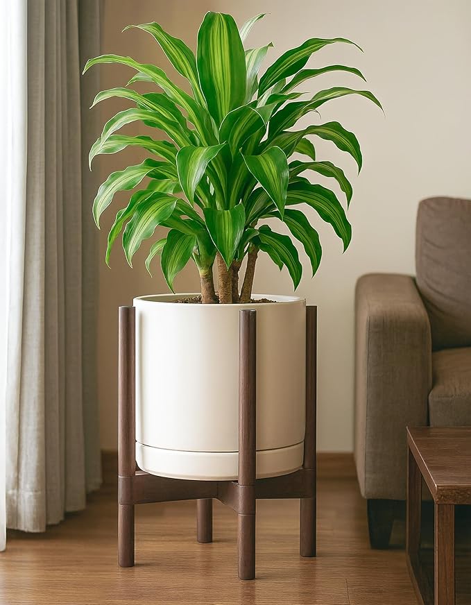 D'vine Dev Ceramic Planter with Walnut Color Stand - 12 Inch Modern Round Flower Pot with Wood Planter Holder, Oatmeal, 55-B-W-8 - Bloomnest
