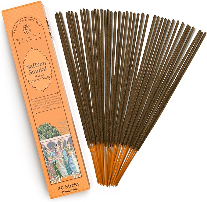 Incense Sticks, Saffron Sandal Incense, Made with Natural Ingredients, Hand Rolled Aromatic Masala, 40 Stick Pack, 45-60 Minute Burn Time, Best for Home Fragrance, Meditation, Yoga, Spiritual Healing KARMAPLEDGE
