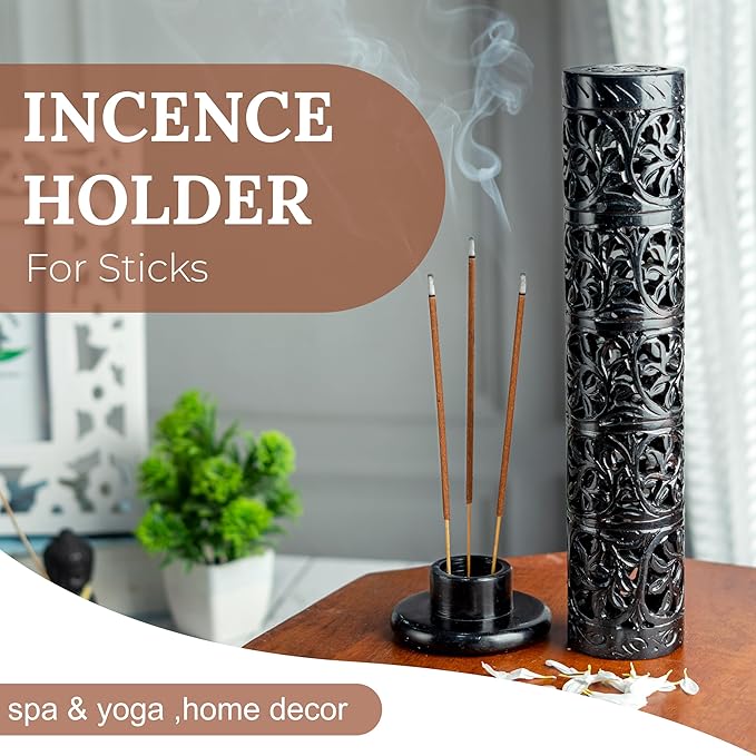 Crocon Handmade Black Marble Soapstone Incense Stick Burner Round Shape Elephant Tower Burner | Incense Cone & Candle Stick Holder | Decorative Home & Kitchen | Living Room Decor | Best Gift Set