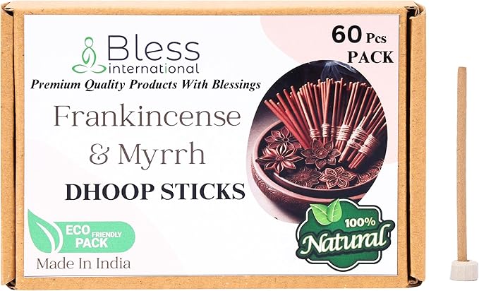 Bless-International Frankincense-and-Myrrh-100%-Natural-Incense-Bambooless-Dhoop-Sticks Handmade-Organic-Chemicals-Free for-Relaxation-Positivity-Yoga-Meditation The-Best-scents-4.5-Inches-60-Sticks BlessInternational