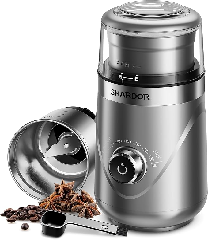 SHARDOR Electric Super Silent Blade Coffee Grinder, Timed Grind Control Rotary Knob, Adjustable Coarse to Fine for Coffee Beans, Spices & Herbs, with 1 Removable Stainless Steel Bowl, Sliver - Bloomnest