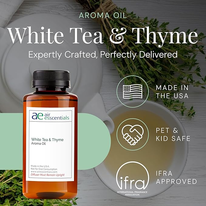 White Tea & Thyme Aroma Oil, Essential Oils Blend for Diffusers & Scent Machines, Rose Petals, Thyme & Balsam, Aromatherapy, Cold Air Diffuser Compatible, 300 mL - Bloomnest