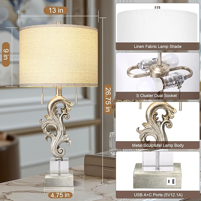 Scenekoy Vintage Table Lamp Set of 2 for Bedroom Living Room, 26.75” Silver Leaf Sculptural Night Stand Bedside Lamps with USB Ports, Rustic Nightstand Lamp Line Shade for Home Decor (Bulbs Included) - Bloomnest