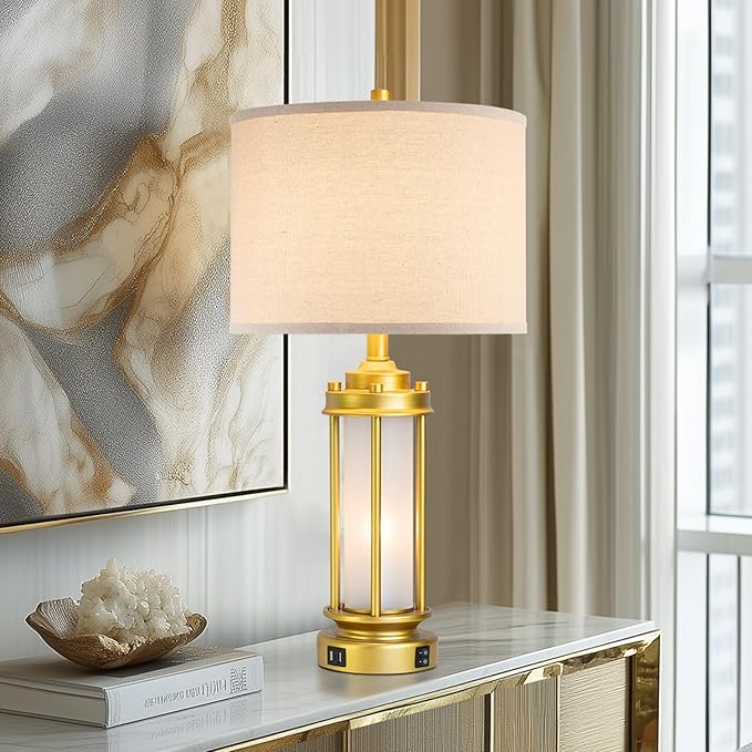 Set of 2 Modern Table Lamps for Living Room, Farmhouse Vintage Bedside Lamp with 2 USB Ports Glass Nightlight, Gold Nightstand Desk Lamps for Entryway Bedroom Dresser, 4 Bulbs Included - Bloomnest