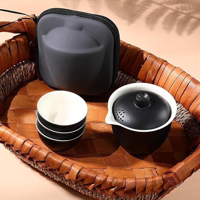 Porcelain Chinese Gongfu Tea Sets for Adults Portable Kungfu Teapot and Cup Set Small Ceramic Tea Party Set Travel Teaset with Lid for Home Gifting Outdoor and Office (Black) - Bloomnest