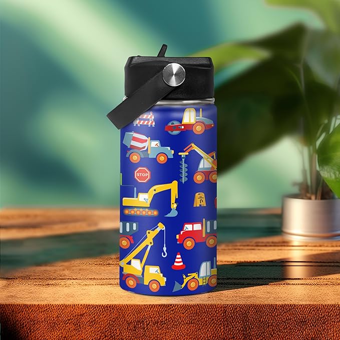 Kids Water Bottle with Straw Construction Insulated Water Bottles 12oz Stainless Steel Travel School Tumbler Double Wall Vacuum Cup for Boys Kid - Bloomnest