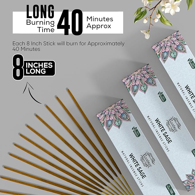 Raajsee White Sage Incense Sticks (180 gm), 100% Pure Organic Natural Hand Rolled Free from Chemicals - Perfect for Aromatherapy, Cleansing, Meditation, and Church (Pack of 12) - Bloomnest