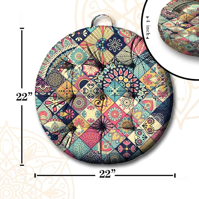 Mandala Meditation Cushion, Boho Meditation Mat, Meditation Pillows for Sitting on Floor, Cushions for Sitting in Home and Outdoor, Round Floor Pillows Cushion Seating for Yoga 22'' X 22'' - Bloomnest