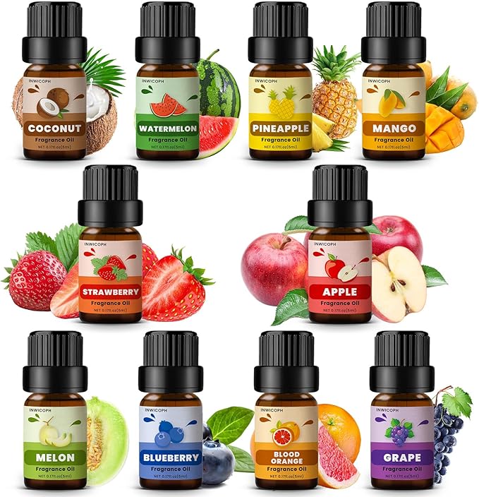 Fruity Fragrance Oil for Candle & Soap Making, INWICOPH Premium Essential Oils 5ml x 10 - Blueberry, Strawberry, Mango, Blood Orange, Essential Oil Diffusers for Home - Bloomnest
