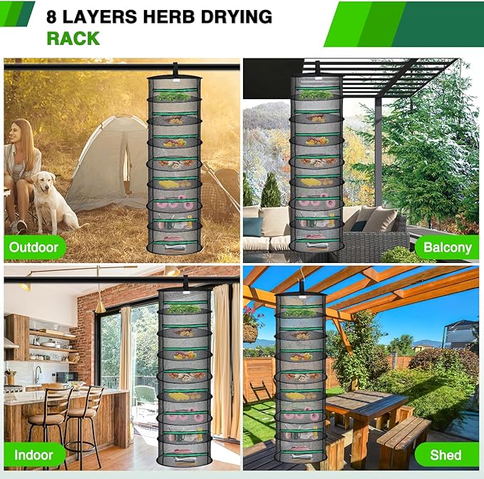Yesker 8 Layer Herb Drying Rack Hanging Mesh Net Foldable Plant Drying Racks 24" Diameter with Green Zipper & Hook Dryer Hanging Rack for Herbs Seed Bud Fruit Clothes Grow Tent Closets Garden Outdoor - Bloomnest