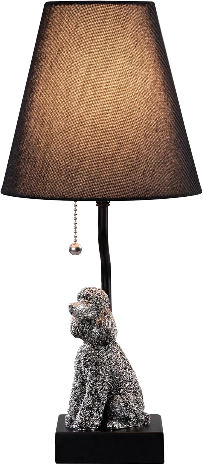 Portable Poodle Table Lamp with USB-C & USB-A Charging Ports, Black Fabric Shade & Dog Figurine Base, Nightstand/Bedside Lamp with Pull Chain Switch – Gift for Dog Lovers 24094 - Bloomnest