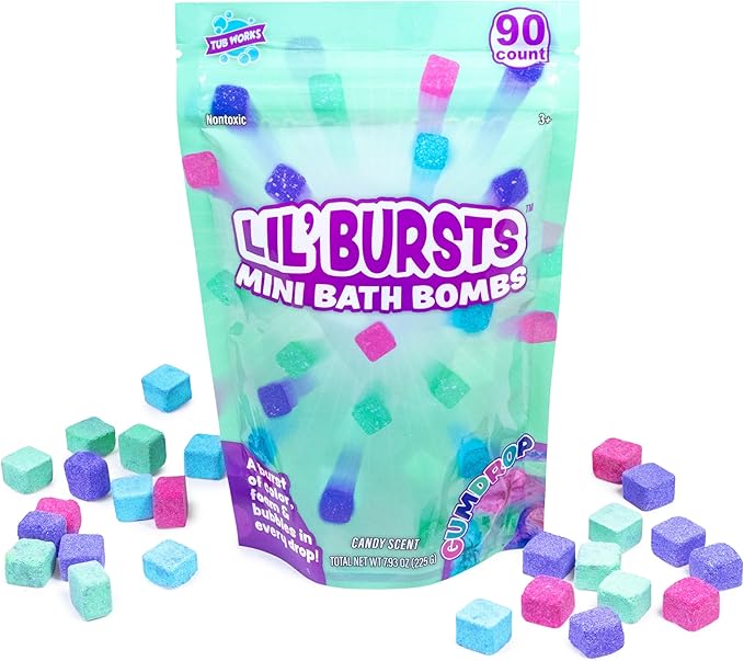 Tub Works Lil' Bursts Mini Bath Bombs for Kids, 90 Count, Gumdrop | Nontoxic | Tiny With A Burst of Color, Foam & Bubbles | Customize Bath With Fun Colors | Create Bath Art - Bloomnest