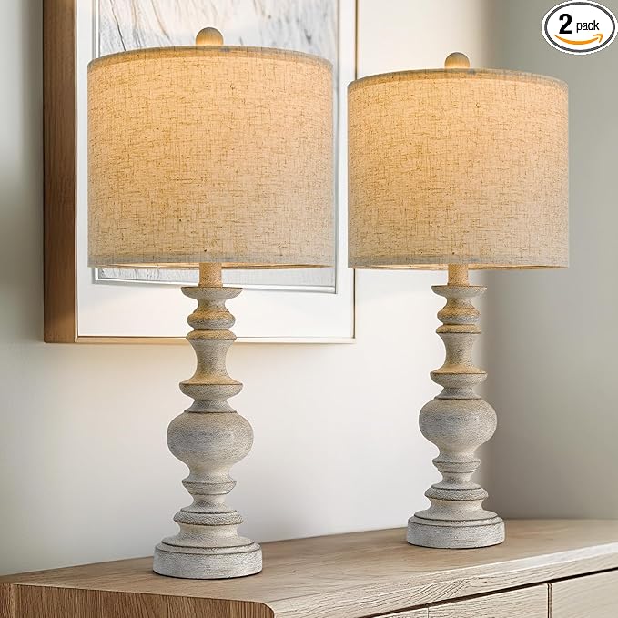 BOBOMOMO 24" Farmhouse Retro Table Lamp Set of 2, Traditional Resin Lamps for Living Room Bedroom, Vintage Bedroom Lamps with Linen Shades, Rustic Table Lamps for Living Room, Nursery, Office - Bloomnest