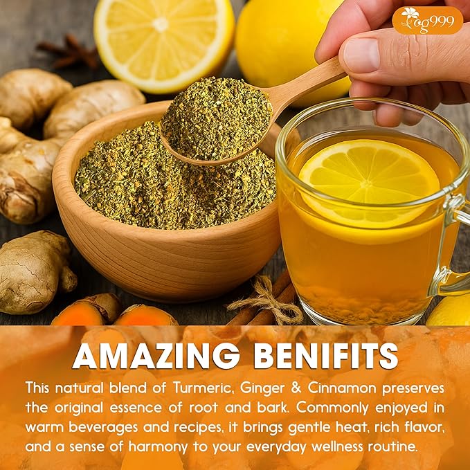 TOG999, Premium 6oz/100 cups Ginger Turmeric Cinnamon Loose Leaf Herbal Tea. Improve Digestion, Support Brain, Weight, Skin and Sleep. Premium Quality Spiced Blend. No Sugar, No Caffeine, No Gluten, Vegan. - Bloomnest