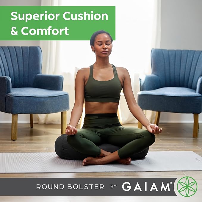 Gaiam Round Yoga Bolster Pillow, Soft Meditation Cushion for Yoga, Massage and Back Support, Breathable Cotton Fill, Zippered Microfiber Cover, Easy-Carry Handle, Machine Washable