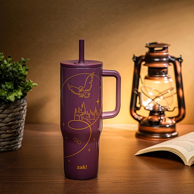 Zak Designs Harry Potter Sutton Travel Tumbler for On the Go, 30oz Stainless Steel with Vacuum Insulation, Silicone Straw, and Carry Handle for Cold Drinks (Hogwarts) - Bloomnest