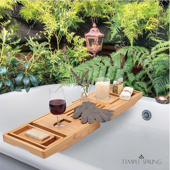 Temple Spring Wooden Bathtub Tray, Bamboo Bathroom Accessories, Bath Tray for Tub, at Home Spa Essentials, Board for Tub Table, Bath Caddy for Bathtub Accessories & Bathroom Essentials – Natural - Bloomnest