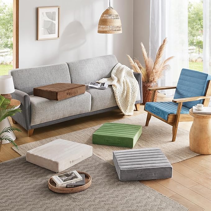 Codi High Density Foam Floor Pillow 2 Sets, 5" Thick Large Meditation Cushions Seating for Adults and Yoga Sitting, Washable Thick Couch Cushion with Soft Tufted Covers - 22 inch Coffee