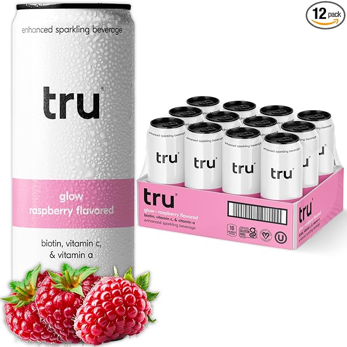 Tru Glow Seltzer, Sparkling Water with Biotin, Vitamin C, Vitamin A & Real Raspberry Juice, Sweetened with Monk Fruit & Stevia, Gluten Free, Vegan, Caffeine & Sugar Free, 12 FL OZ Cans, 12 Pack - Bloomnest
