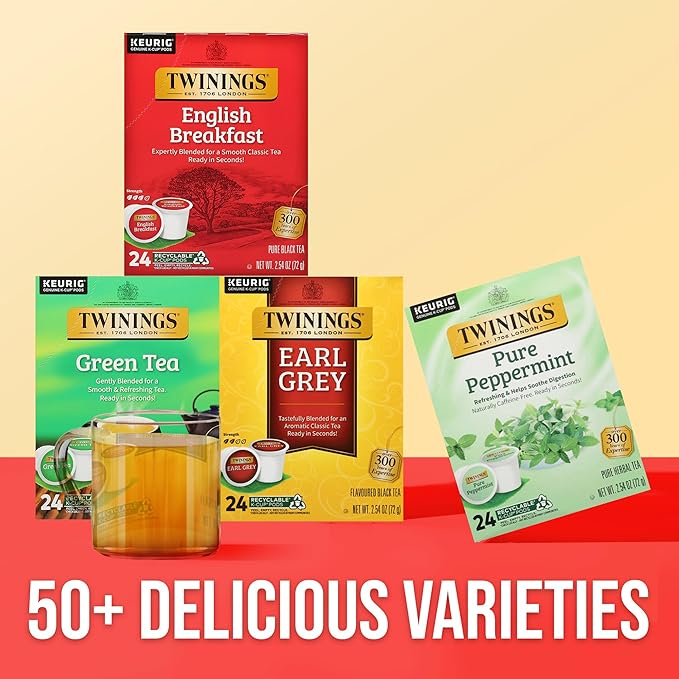 Twinings 96 K-Cup Pods Variety Pack 24 Count (Pack of 4), English Breakfast, Earl Grey, Green, and Pure Peppermint Tea for Keurig and Single Cup Brewers, Enjoy Hot or Iced - Bloomnest