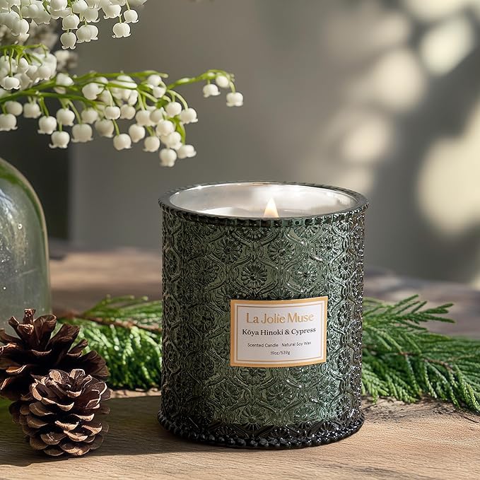 LA JOLIE MUSE Kōya Hinoki & Cypress Scented Candle – Pine, Leather & Hinoki | 19 oz Festive Christmas Candle | Wooden Wick | Clean Burn & Vibrant Scent | Fun Gift for Hosts & Fall Tablescapes - Bloomnest