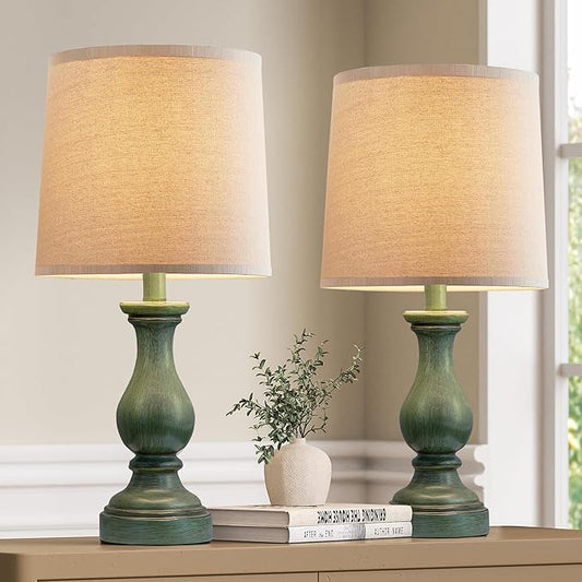 Seealle Farmhouse Table Lamps Set of 2 - Rustic Lamp for Bedroom Living Room, 22" Boho Bedside Lamps for Night Stands End Table Office Desk Lamp Nightstand with Linen Shades(Antique Green) - Bloomnest