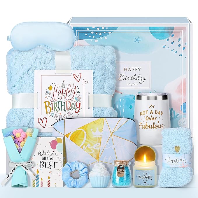 Birthday Gifts for Women, 13PCS Unique Happy Birthday Gifts Basket for Mom Her Best Friend Sister Wife Girlfriend Coworker Bestie, Luxury Self Care Box Relaxing Spa Gifts Set (Ocean) - Bloomnest