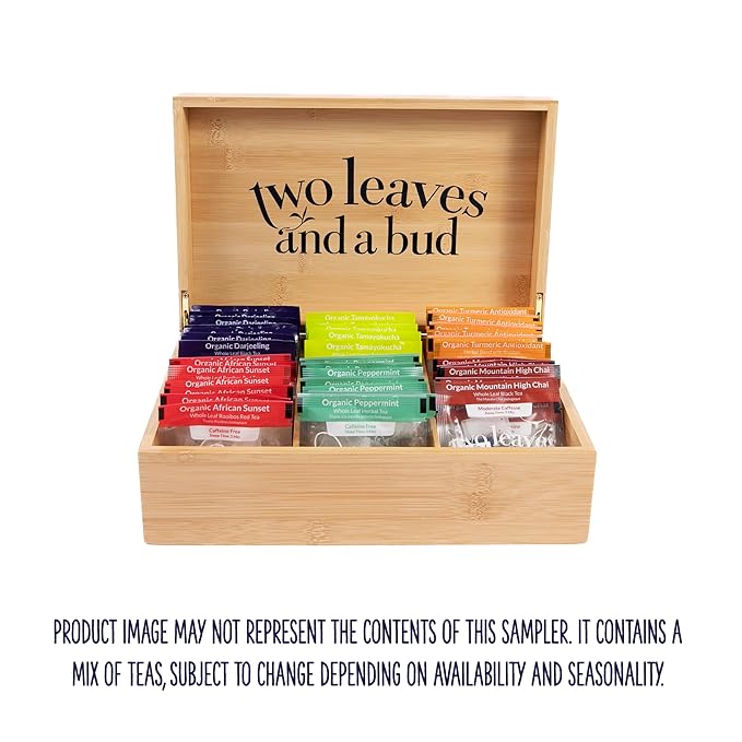 Two Leaves and a Bud Organic Tea Sampler in 6-Slot Bamboo Presentation Box - Filled Gift Box with Tea Assortment of Green, Black, and Herbal Teas - Bloomnest
