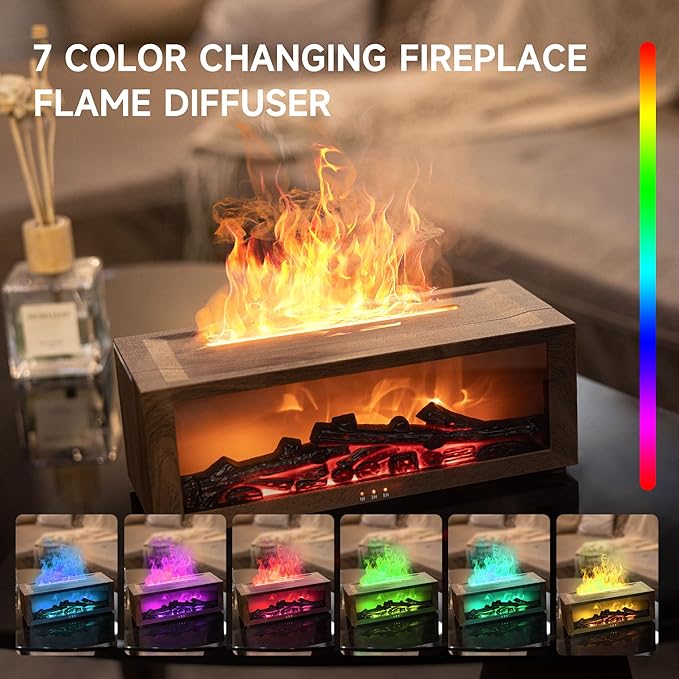 Fireplace Flame Air Diffuser Humidifier,7 Colors Aromatherapy Essential Oil Diffuser,Ultrasonic with Timer for Home,Bedroom,Office,Yoga (Dark Wood Grain) - Bloomnest