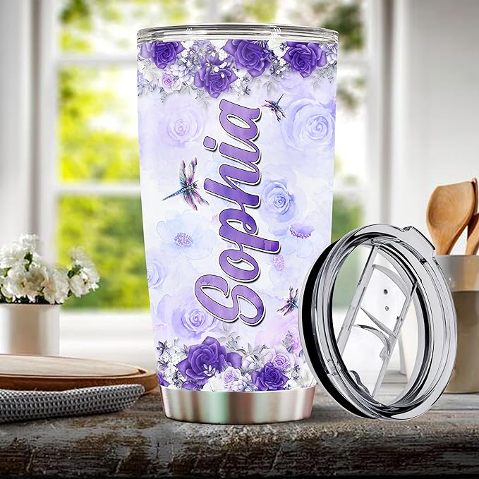 Personalized Dragonfly Coffee Mug Cups Gifts For Women Unique Mom, Purple Dragonflies Water Bottle Mothers Day Birthday Christmas Valentine 20oz Stainless Steel Thermos Tumbler Cup With Lid - Bloomnest
