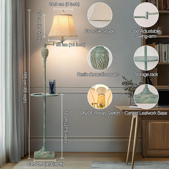 Traditional LED Floor Lamp with 350° Adjustable Swing Arm Lamp – Vintage Standing Pole lamp for Living Room, Bedroom and Office – Rustic Upright Floor Light for Home Décor with Silk Fabric Shade - Bloomnest