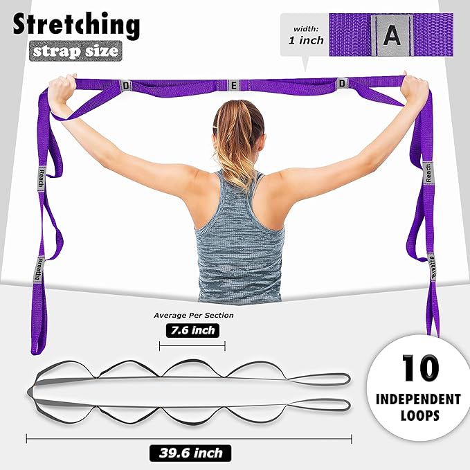 Stretching Strap Yoga Strap with 10 Loops, Non-Elastic Stretch Band for Physical Therapy, Flexibility, Exercise, Pilates, Dance & Gymnastics Workout - Bloomnest