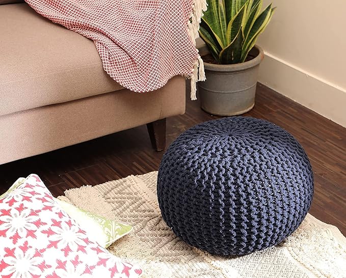 REDEARTH · Round Pouf Foot Stool Bean Bag Ottoman - Cable Knitted Cord Boho Pouffe - Poof Accent Bean Bag - Handmade by Artisans for Living Room - Bedroom (19.5"x19.5"x14") - Navy Blue - Bloomnest