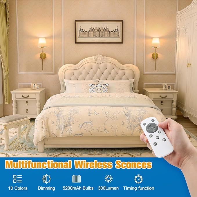 NIORSUN Battery Operated Wall Sconce Set of 2,Gold Rechargeable Wall Lights with 5200mAh Dimmable Bulbs and Remote,10 Colors Wireless Wall Lamps for Bedroom Living Room Hallway Decor - Bloomnest