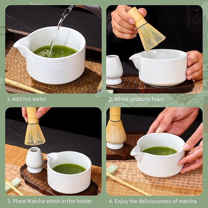 Matcha Bowl Set, Matcha Whisk and Holder, Stainless Sifter & Bamboo Scoop, Towel, 7 PCS Matcha Starter Kit for Matcha Lovers, White - Bloomnest