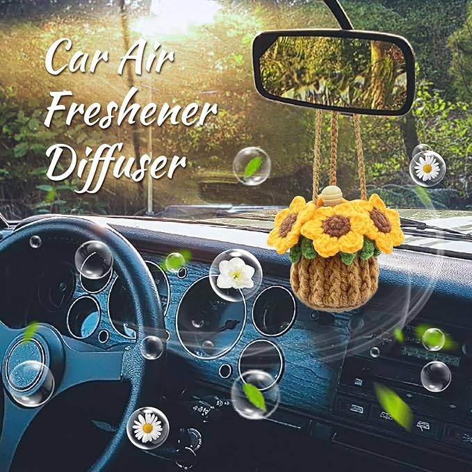 Crochet Car Air Freshener, 15ml Empty Refillable Oil Diffuser Bottle with Hanging Crochet Sunflower for Car Rearview Mirror Decor Air Freshener Diffuser for Home, and Office Decor(Sunflower) - Bloomnest