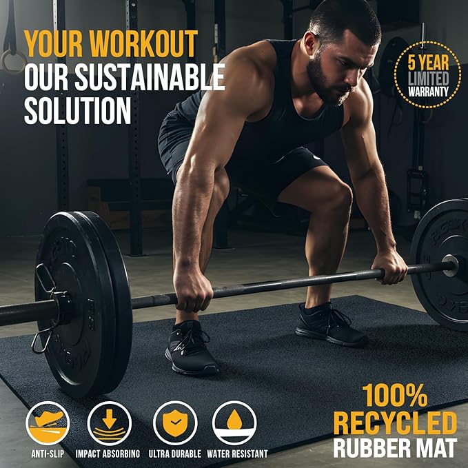 Rubber King Multi-Purpose Exercise Mat - 100% Recycled Thick Rubber Mat for Home Gym Flooring, Non-Slip, Low-Odor Durable Workout Mat for Indoor/Outdoor, Shoe-Friendly