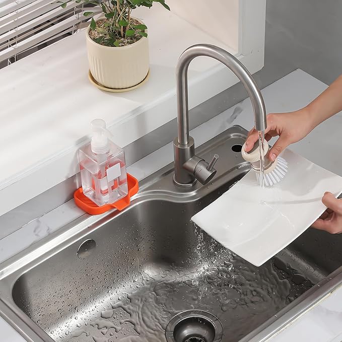 Silicone Bathroom Soap Dishes with Drain Spout-Bathroom and Kitchen Sink Organizer,Sponge Holder,Dish Soap Tray,Perfect for Dispenser,Scrubber,Bottle,Cup on Sink or Counter-Orange 4.9"×3.2" - Bloomnest