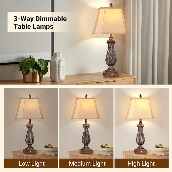3-Way Dimmable Table Lamps for Bedrooms Set of 2, 30" H Touch Lamps for Living Room with USB & Type-C Ports, Brown Mermaid Bedside Lamp for Nightstand, Resin Farmhouse Rustic Lamp with 2 Bulb - Bloomnest