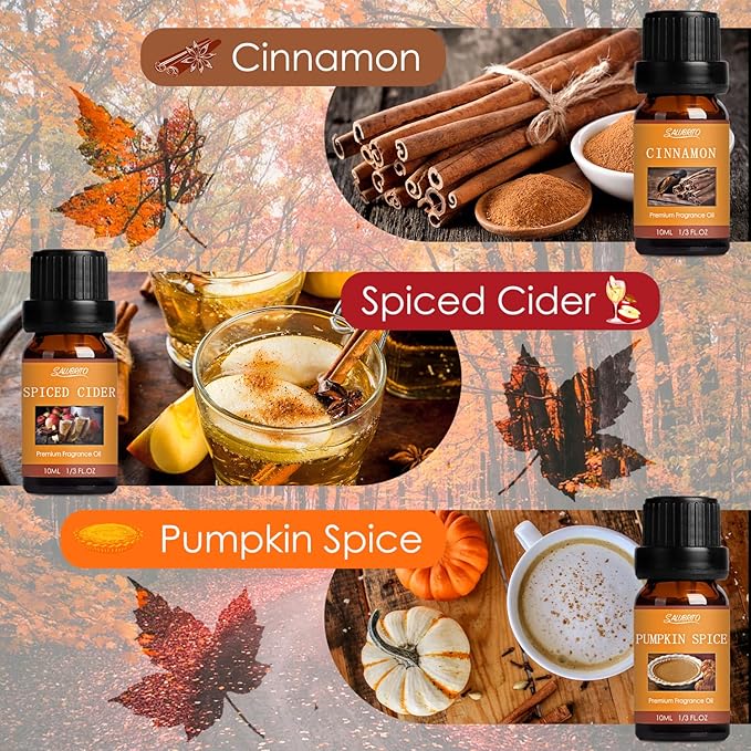 SALUBRITO Fall Fragrance Oils Set, Autumn Essential Oil for Diffuser, Candle Making, Aromatherapy Oils Gift - Cinnamon, Pumpkin Spice, Vanilla, Snickerdoodle, Spiced Cider, Nutmeg, 6x10ml - Bloomnest