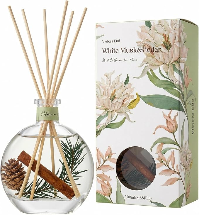 Cedar Wood & White Musk Essential Oil Reed Diffuser for Home&Office, Luxury Hotel Collection Diffuser Oil Inspired by Ritz Carlton, Bathroom,Bedroom&Living Room Shelf Decor,Non-Toxic & Gift Ready - Bloomnest