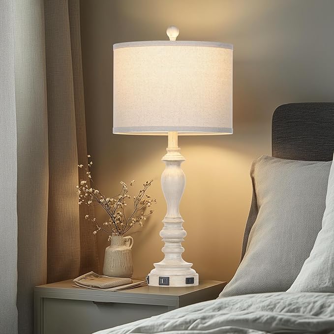 28" Table Lamps with USB C+A Ports & AC Outlets, Farmhouse Rustic Table Lamps Set of 2, Vintage End Table Nightstand Resin Bedside Lamp for Living Room Bedroom, Fabric Linen Shade Washed Antique Beige - Bloomnest