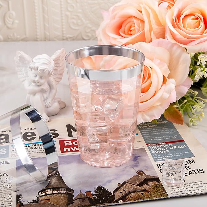 I00000 50 Pack 12 oz Silver Plastic Cups, Silver Rimmed Disposable Cups, Party Wine Glasses Disposable Cocktail Glasses Heavy Duty Cups with Silver Rim, 12 Ounce Plastic Tumblers For Party - Bloomnest