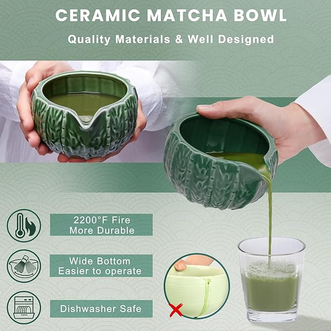 Matcha Whisk Set, Cactus Dark Green Ceramic Matcha Set Includes Matcha Bowl, Matcha Whisk (Chasen) and Holder, Sifter, Bamboo Scoop & Spoon - 6 Pcs Matcha Kit for Matcha Lovers - Bloomnest