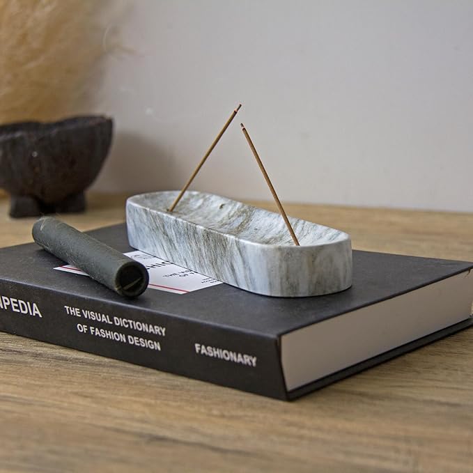 Marble-Patterned Concrete Incense Holder, with A Box of Cedar Incense, 7.1 Inch Good for Incense Tray, A Poetic and Artistic Gift for Yoga＆Meditation(Gray) - Bloomnest