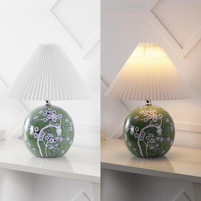 JONATHAN Y JYL5056A Shishen 19.5" Cottage Classic Chinoiserie Ceramic Orb LED Table Lamp with Pleated Shade, Green/White for Bedroom, Living Room, Kitchen, Home Office, Kids Room - Bloomnest