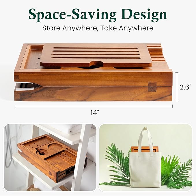 Teak Bathtub Tray, Bath Caddy with Wine Glass Holder, Phone Dock & Book Stand | Hands-Free Reading & Ultimate Spa Relaxation Experience-Natural - Bloomnest