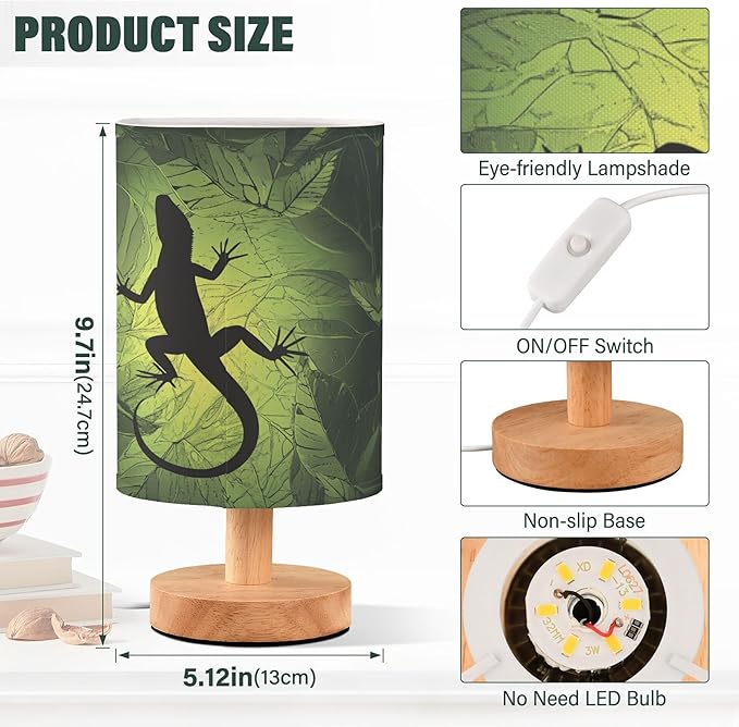 Table Lamp Chameleon Lizard Gecko Shape on Green Leaf Nightstand Lamp with Wood Base Fabric Lamp Shade Bedside Desk Lamp for Living Room Bedroom Kids Room Office - Bloomnest